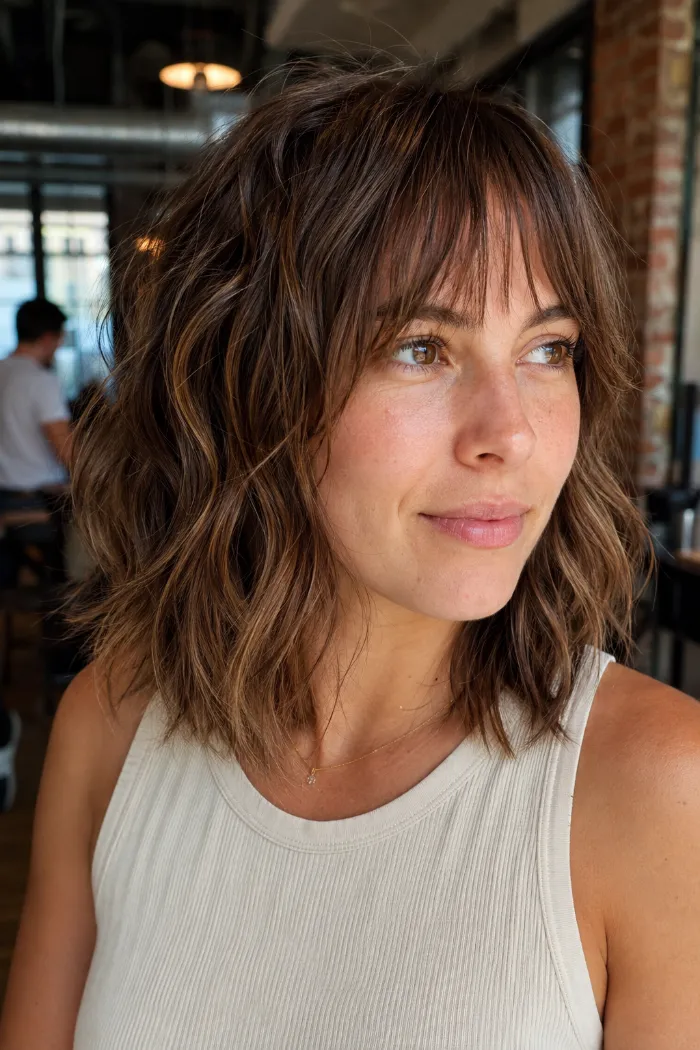 wavy shaggy lob with barely there bangs
